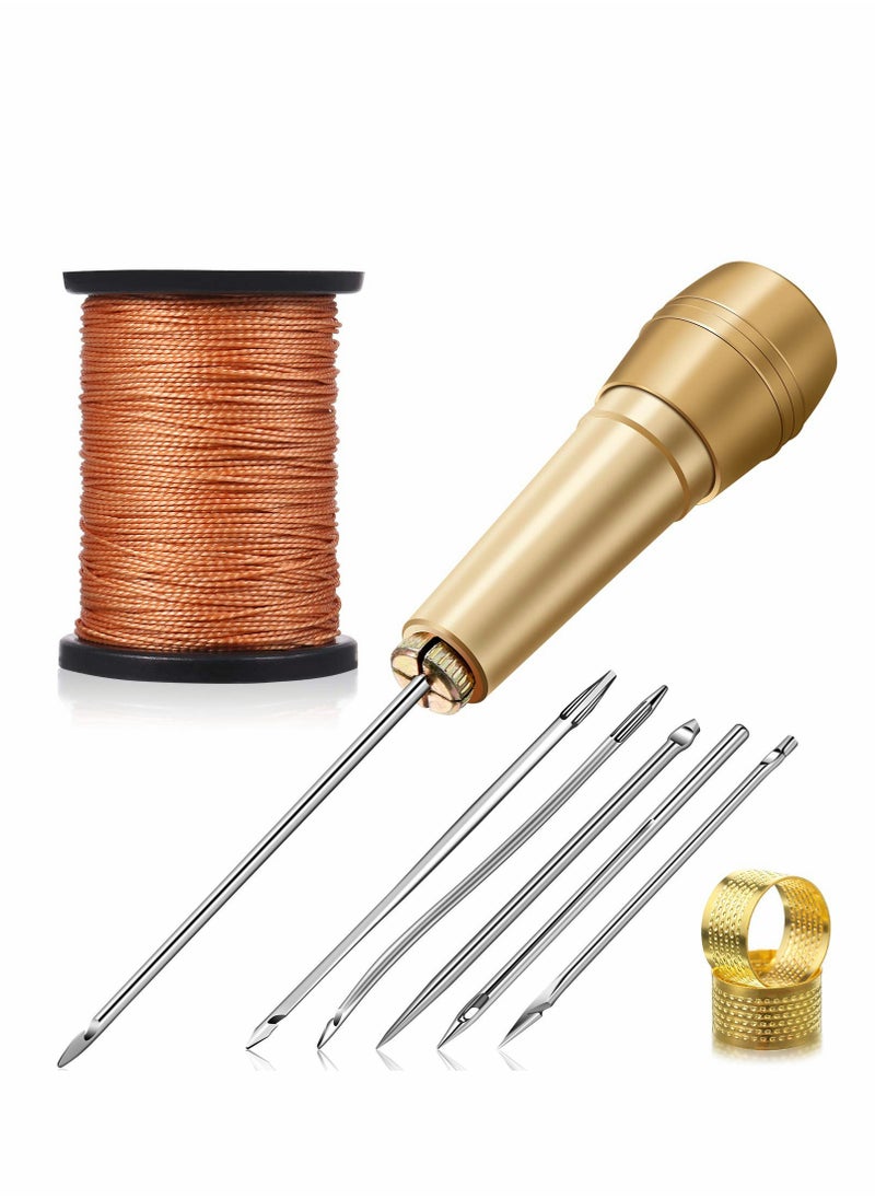 Excefore - Canvas Leather Sewing Awl Needle with Copper Handle, 50 m Nylon Cord Thread and 2 Pieces Thimble for Handmade Leather Sewing Tools Shoe and Leather Repair, 6 Pieces - Image 1