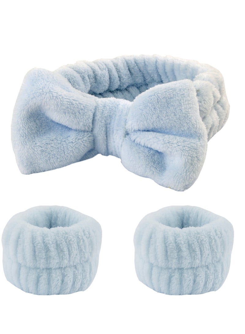 SPA Headband Face Wash Wristband and Headband Set Microfiber Wristbands Wrist Towels for Washing Face, Absorbent Wash Bands Wrist Scrunchies No Drip Cleansing Cuffs for Girls Blue