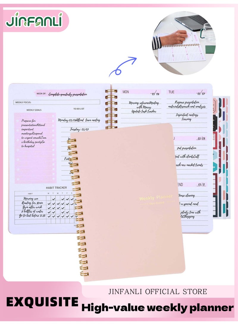 جين فان ل أنا مخطط أسبوعي بدون تاريخ مع متتبع العادات، ودفتر قائمة مهام لمدة 52 أسبوعًا، ومخطط أهداف أسبوعي A5 مع غلاف حلزوني وملصقات للنساء والفتيات، وواجبات منزلية ولوازم مدرسية، 8.2 بوصة × 5.7 بوصة (وردي) - Image 1