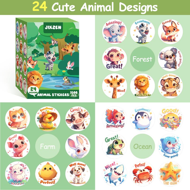 JIXZEN 3 Rolls Animal Stickers for Kids, 1500 PCS Kids Stickers Bulk for Toddlers 2-4, 24 Designs Farm/Ocean/Wild Cute Sticker with Motivational Words for Kid Reward, School Supplies (1.0 Inch) - Image 2