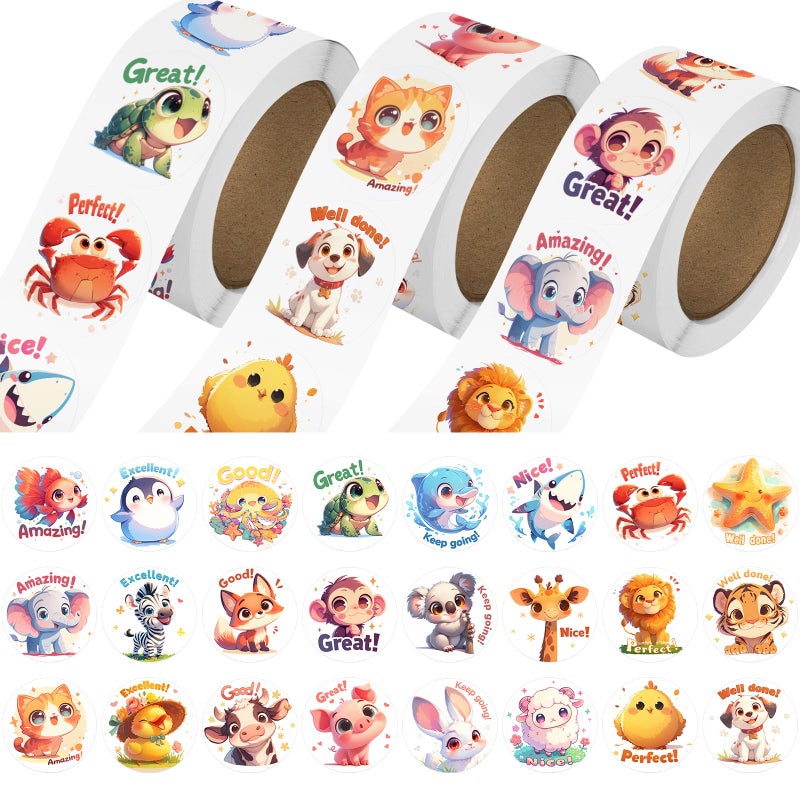 JIXZEN 3 Rolls Animal Stickers for Kids, 1500 PCS Kids Stickers Bulk for Toddlers 2-4, 24 Designs Farm/Ocean/Wild Cute Sticker with Motivational Words for Kid Reward, School Supplies (1.0 Inch) - Image 1
