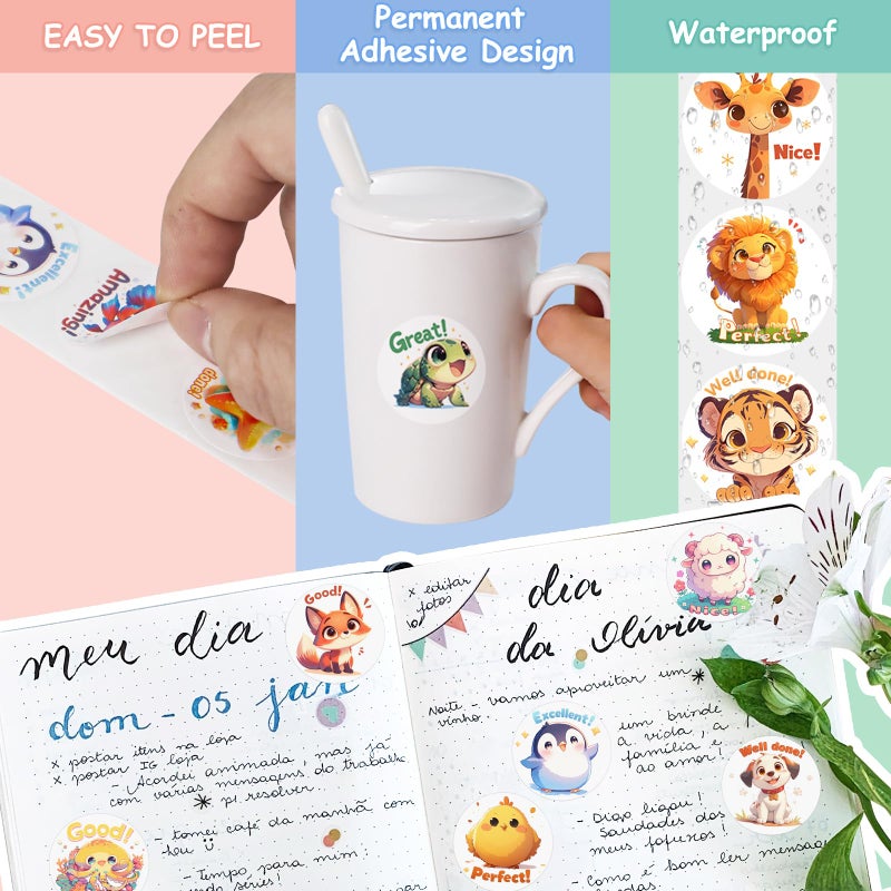 JIXZEN 3 Rolls Animal Stickers for Kids, 1500 PCS Kids Stickers Bulk for Toddlers 2-4, 24 Designs Farm/Ocean/Wild Cute Sticker with Motivational Words for Kid Reward, School Supplies (1.0 Inch) - Image 5