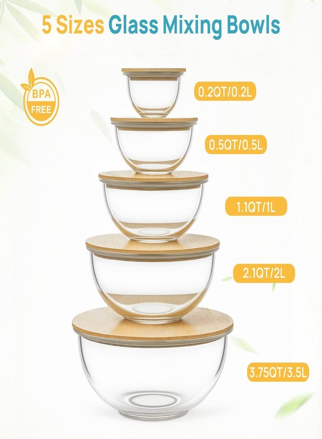 في توب مارت مجموعة أوعية خلط زجاجية من Vtopmart مكونة من 5 قطع مع أغطية من الخيزران (3.75/2.1/1.1/0.5/0.2 كوارت)، مجموعة أوعية سلطة، أوعية مطبخ متداخلة للتقديم والتحضير والطبخ والخبز، آمنة للاستخدام في غسالة الصحون والميكروويف - Image 2