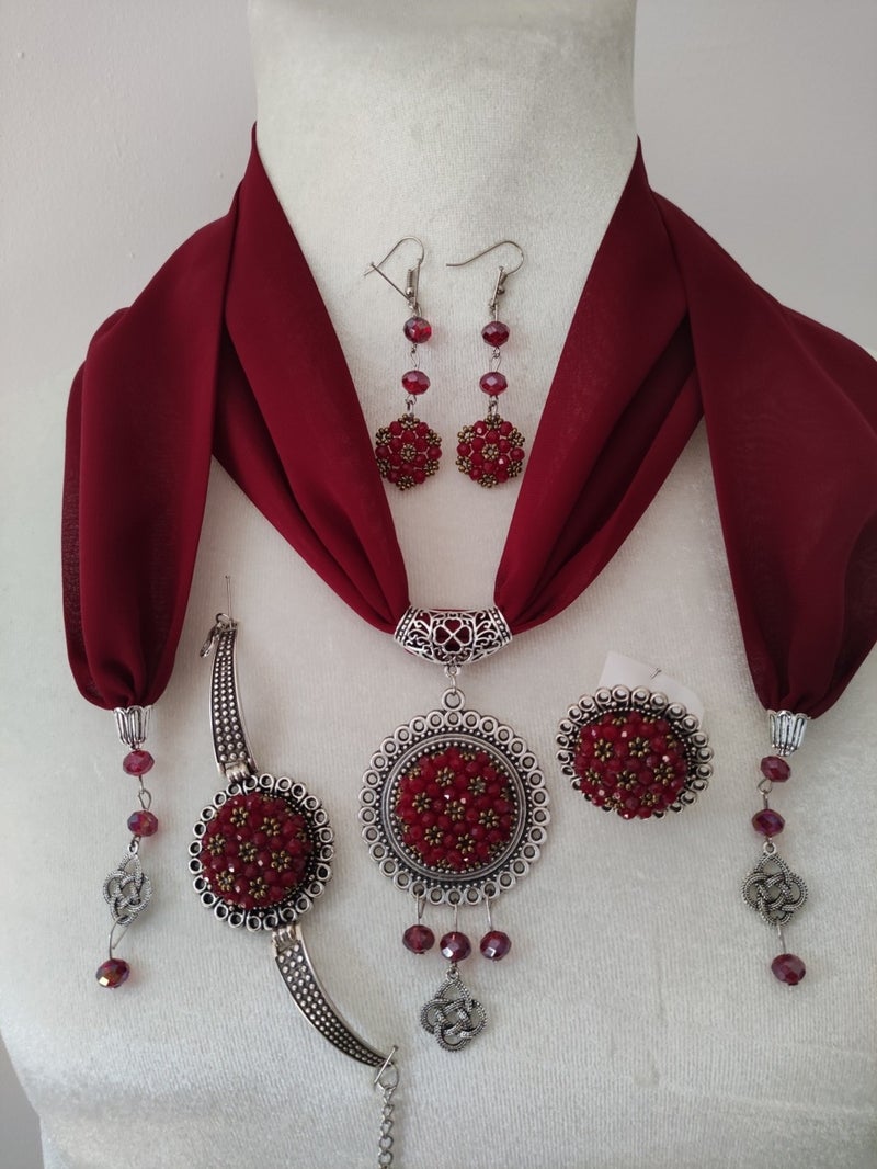 Adil Store Scarf and Jewelry Set Crystal and Sand Beaded Evil Eye Prayer Scarf, Bracelet, Ring and Earring Set