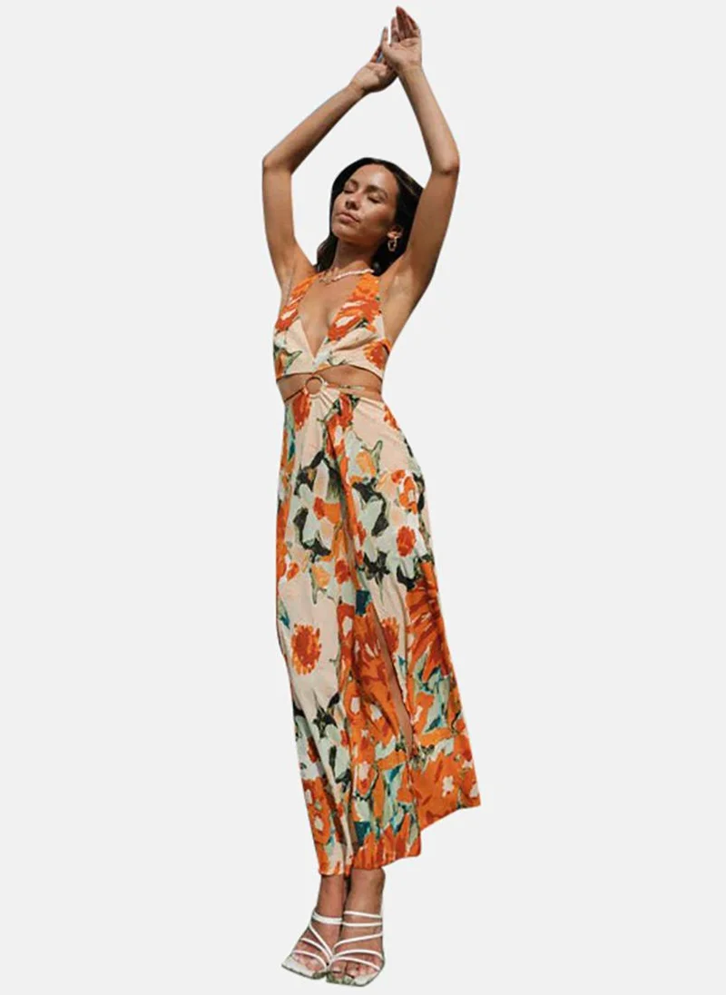 YUNIQEE Multicolour Abstract Printed Halter Neck Cut Outs Maxi Dress