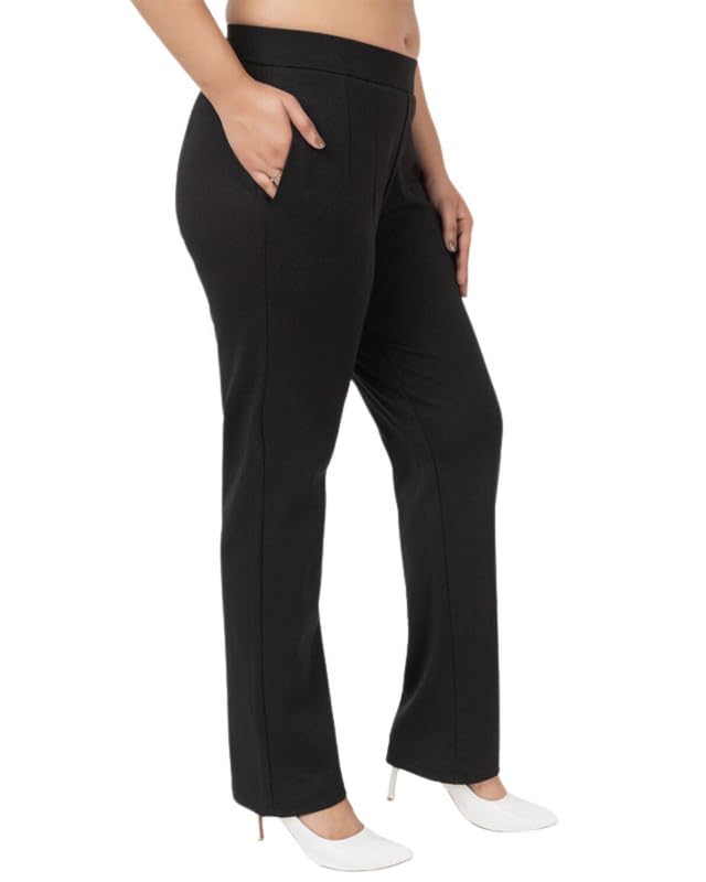 Mlada Store Mlada Straight Fit Cigarette Pencil Pants Elastic Waist Band Mid High Waist Formal Office Trousers for Women, Pockets for Travel Stretch Cotton Knit Full Length Regular/Plus Size - Black, 5XL - Image 1
