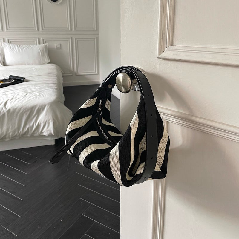 Woven With Cow Skin Dumpling Bag Canvas Bag Women'S Contrast Color Stripe Casual Crossbody Bag Hand Bag Single Shoulder Trendy - Image 4
