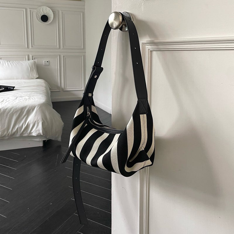 Woven With Cow Skin Dumpling Bag Canvas Bag Women'S Contrast Color Stripe Casual Crossbody Bag Hand Bag Single Shoulder Trendy - Image 2