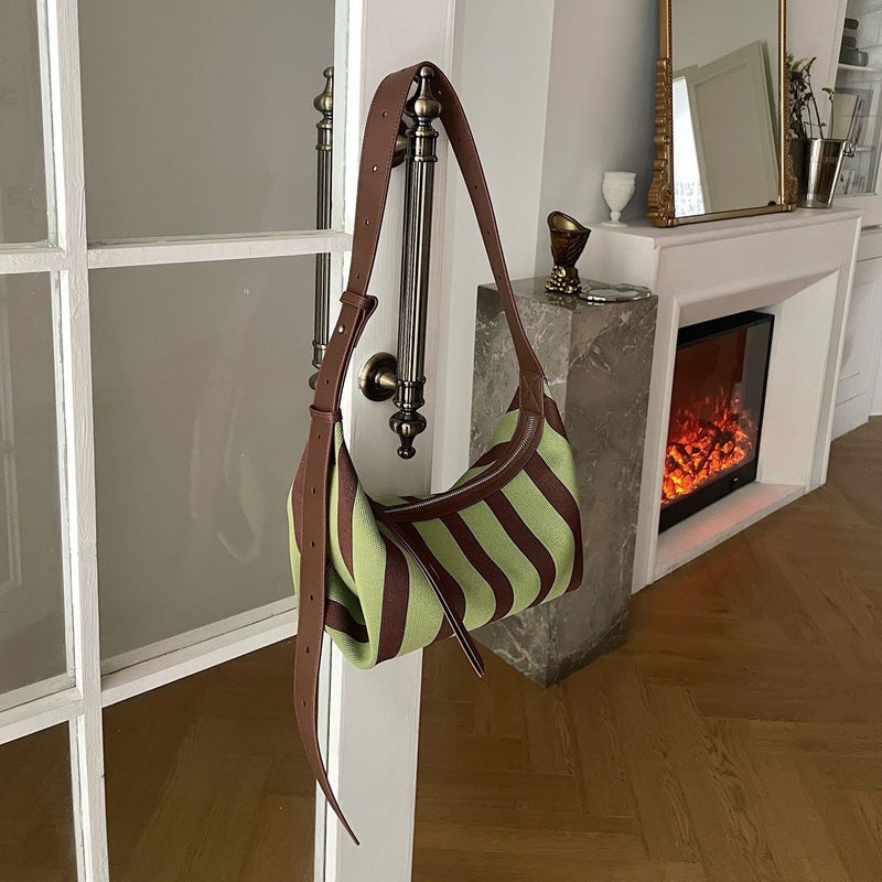 Woven With Cow Skin Dumpling Bag Canvas Bag Women'S Contrast Color Stripe Casual Crossbody Bag Hand Bag Single Shoulder Trendy - Image 3