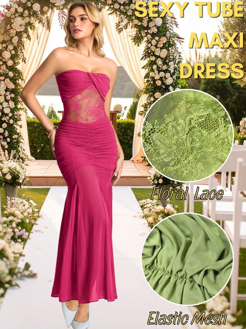 ShawGobow Lace Maxi Dress,Strapless Ruched Mermaid Dresses for Women,Sexy Formal Birthday Party Outfit Hot Pink Medium - Image 3