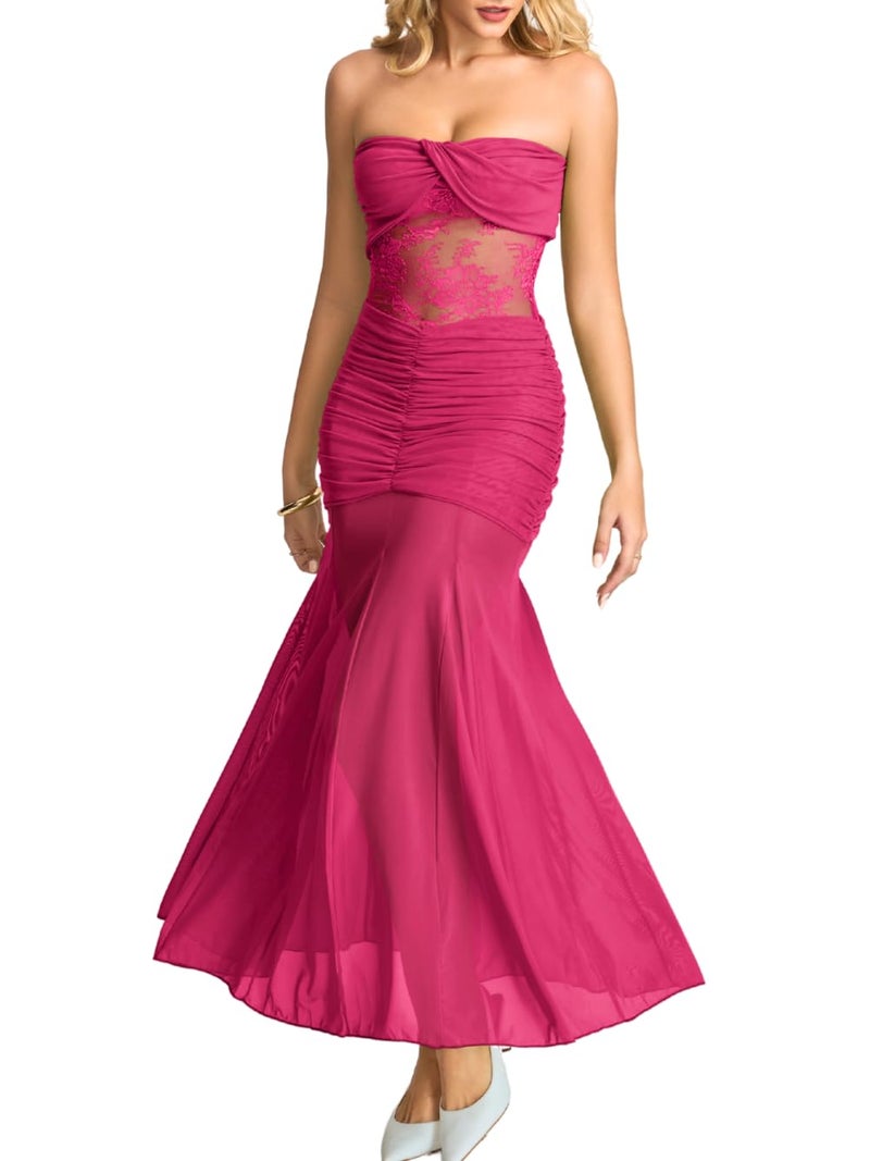 ShawGobow Lace Maxi Dress,Strapless Ruched Mermaid Dresses for Women,Sexy Formal Birthday Party Outfit Hot Pink Medium - Image 1