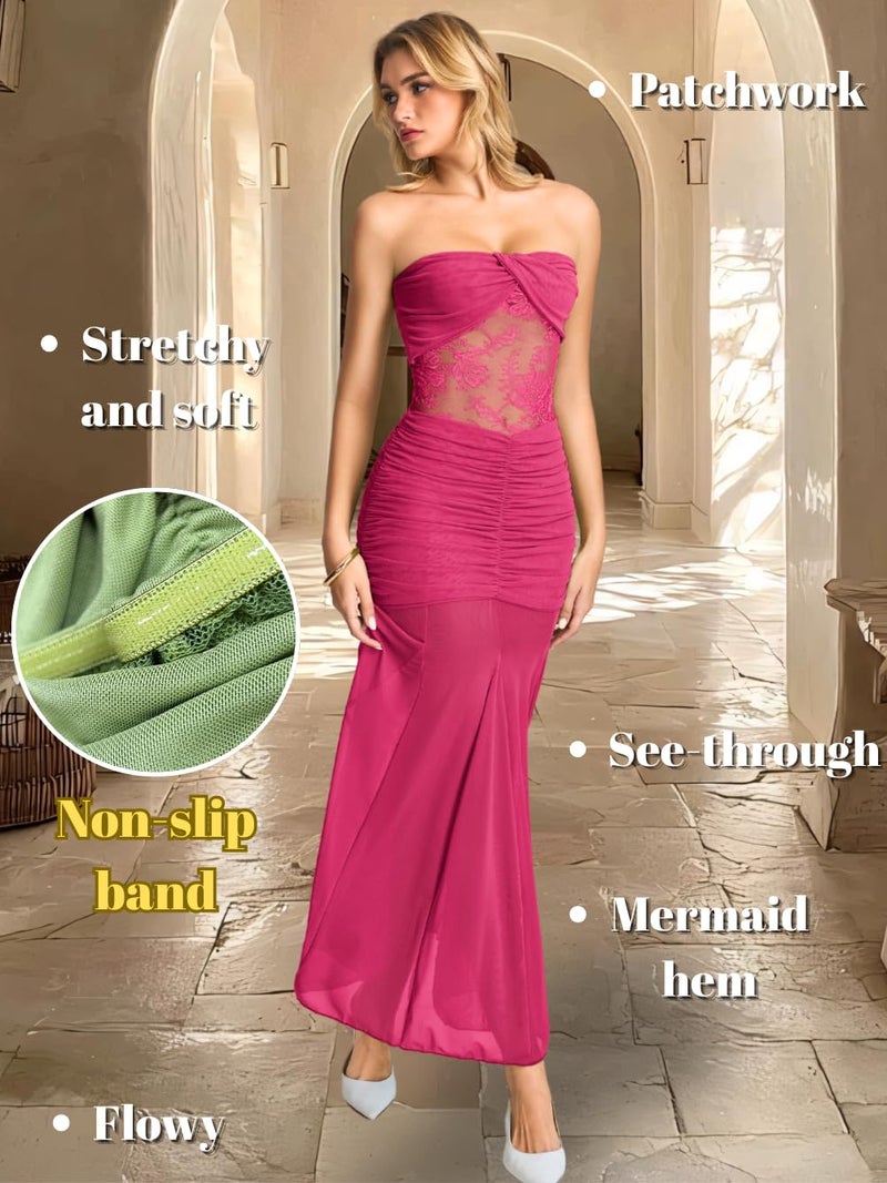 ShawGobow Lace Maxi Dress,Strapless Ruched Mermaid Dresses for Women,Sexy Formal Birthday Party Outfit Hot Pink Medium - Image 5