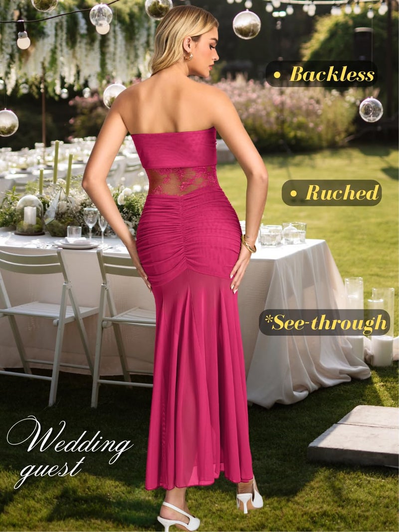 ShawGobow Lace Maxi Dress,Strapless Ruched Mermaid Dresses for Women,Sexy Formal Birthday Party Outfit Hot Pink Medium - Image 4