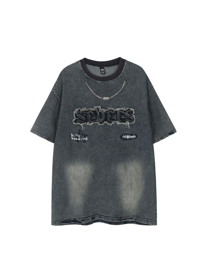 Eon Women's Clothing | Spring And Summer New Real Shot Loose American Fashion Brand Patch Embroidered Wash Denim T-shirt 