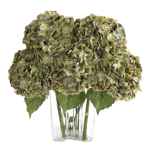 Coferset Olive Green Hydrangea Artificial Flowers Outdoors 3pcs Lifelike Faux Hydrangea Real Touch Fake Flowers for Home Wedding Christmas Office Party Living Room Decoration,22inch - Image 1