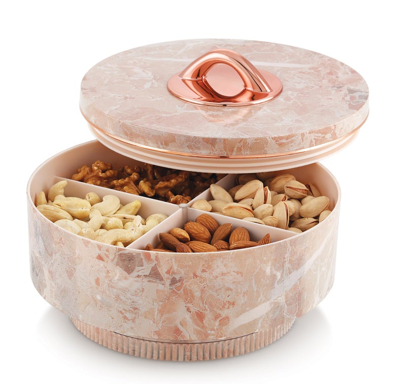 Nabhya Marble Print Revolving Round Shape 4 Section Multipurpose Dry Fruit Storage Container Set Box with Air-Tight Lid, Plastic Utility For Serving Sweets, Chocolates, Candy, Pickle & Kitchen (Beige) - Image 1