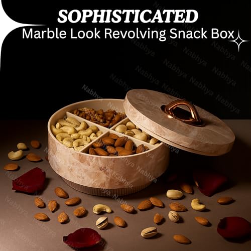 Nabhya Marble Print Revolving Round Shape 4 Section Multipurpose Dry Fruit Storage Container Set Box with Air-Tight Lid, Plastic Utility For Serving Sweets, Chocolates, Candy, Pickle & Kitchen (Beige) - Image 2
