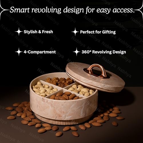 Nabhya Marble Print Revolving Round Shape 4 Section Multipurpose Dry Fruit Storage Container Set Box with Air-Tight Lid, Plastic Utility For Serving Sweets, Chocolates, Candy, Pickle & Kitchen (Beige) - Image 5
