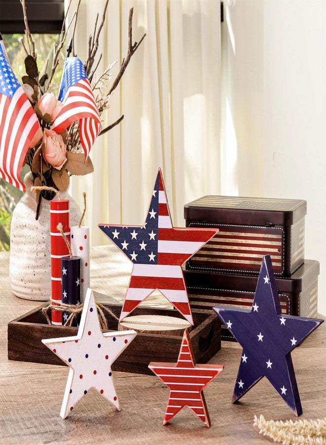 Treory 4th of July Decorations, 4pcs July 4th Patriotic Tiered Tray Decor Wooden Star Sign, Vintage Star Shaped Wood Blocks, Rustic American Memorial Day Table Decor for Independence Day Home Décor - Image 5