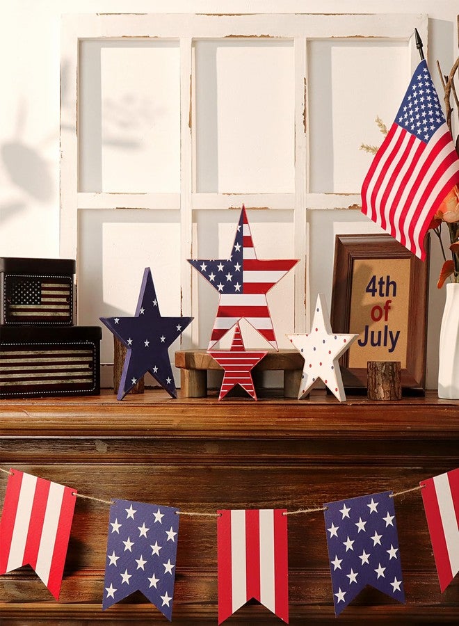 Treory 4th of July Decorations, 4pcs July 4th Patriotic Tiered Tray Decor Wooden Star Sign, Vintage Star Shaped Wood Blocks, Rustic American Memorial Day Table Decor for Independence Day Home Décor - Image 4