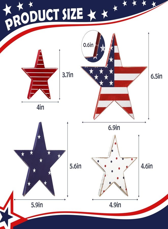 Treory 4th of July Decorations, 4pcs July 4th Patriotic Tiered Tray Decor Wooden Star Sign, Vintage Star Shaped Wood Blocks, Rustic American Memorial Day Table Decor for Independence Day Home Décor - Image 2