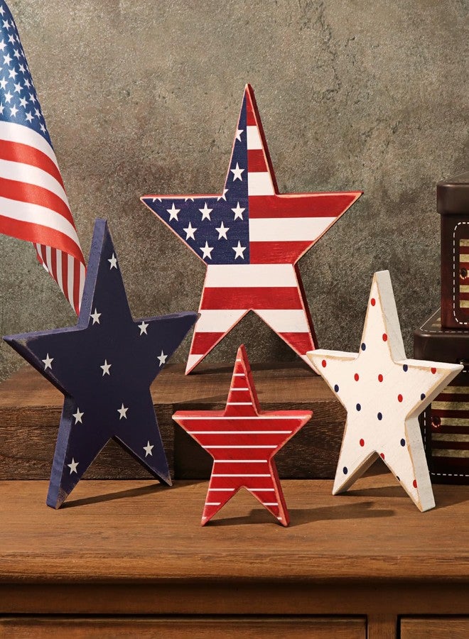 Treory 4th of July Decorations, 4pcs July 4th Patriotic Tiered Tray Decor Wooden Star Sign, Vintage Star Shaped Wood Blocks, Rustic American Memorial Day Table Decor for Independence Day Home Décor - Image 1