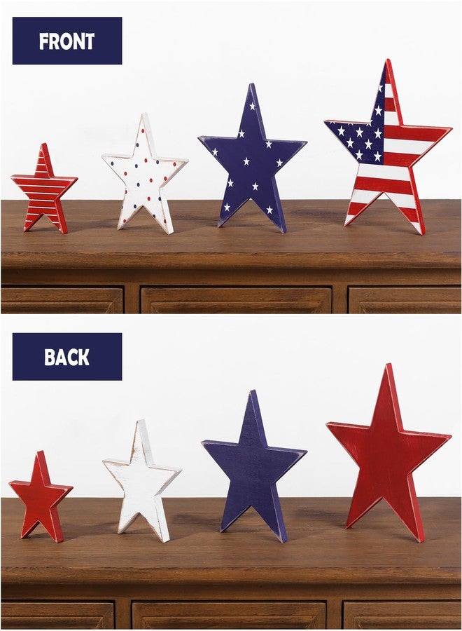 Treory 4th of July Decorations, 4pcs July 4th Patriotic Tiered Tray Decor Wooden Star Sign, Vintage Star Shaped Wood Blocks, Rustic American Memorial Day Table Decor for Independence Day Home Décor - Image 3