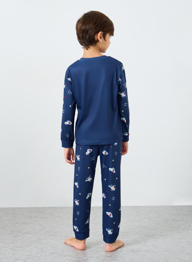 Styli Navy Blue Printed Long Sleeve T-Shirt and Pyjama Set - Image 5