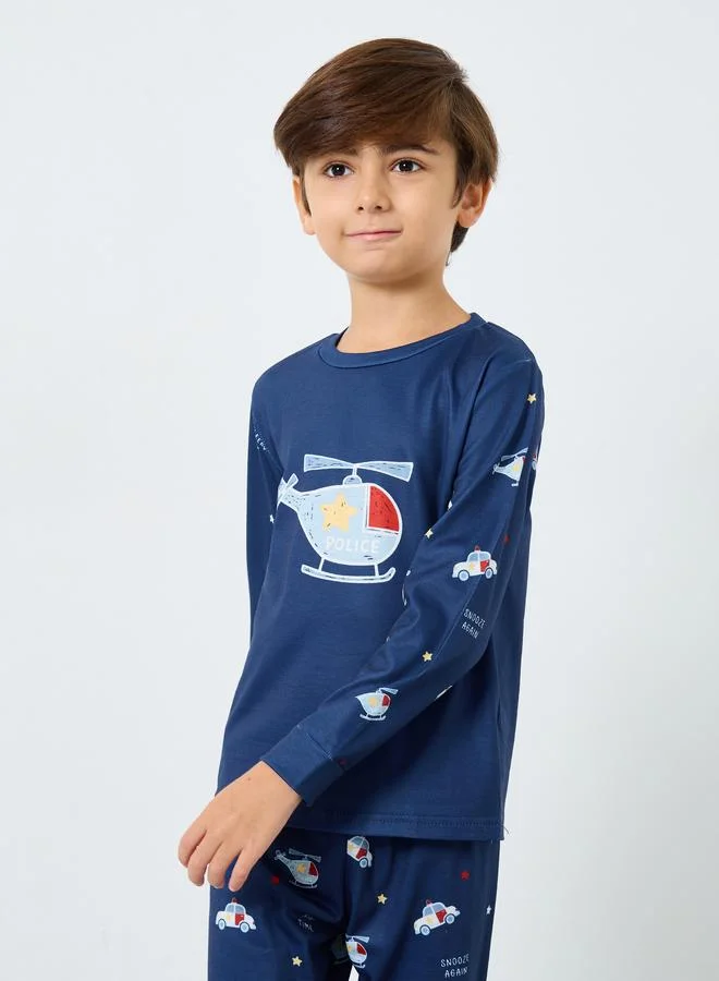 Styli Styli Navy Blue Printed Long Sleeve T-Shirt and Pyjama Set