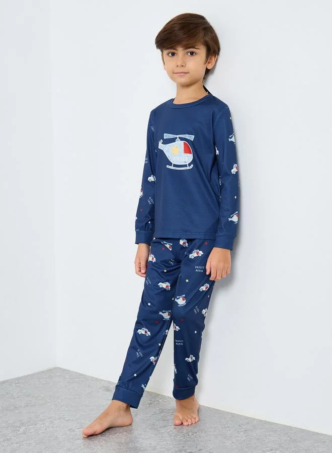 Styli Styli Navy Blue Printed Long Sleeve T-Shirt and Pyjama Set