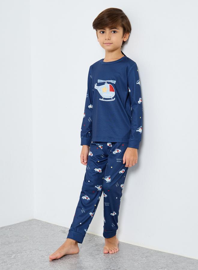 Styli Navy Blue Printed Long Sleeve T-Shirt and Pyjama Set - Image 1