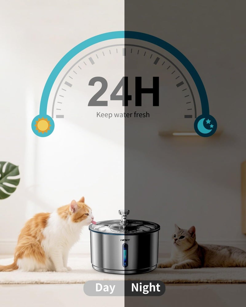 NPET Stainless Steel Cat Fountain, 1Gallon/4L Automatic Pet Drinking Fountain Dog Water Dispenser with 8 Replacement Filters for Cats Indoor - Image 2
