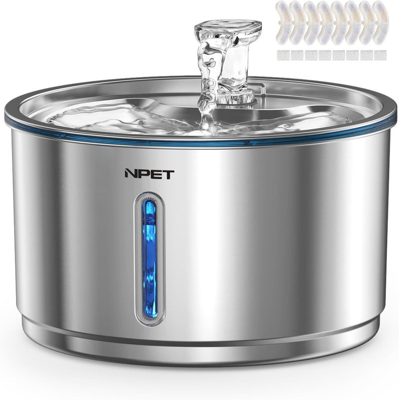 NPET Stainless Steel Cat Fountain, 1Gallon/4L Automatic Pet Drinking Fountain Dog Water Dispenser with 8 Replacement Filters for Cats Indoor - Image 1