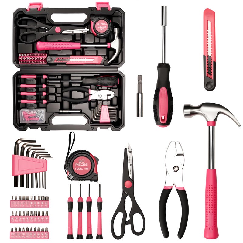 ANXTECH 50-Piece Pink Tool Set for Women, Household Small Tool Set with Storage Toolbox for Home Repairs, Hand Tool Kit for College, Dorm, Office - Image 1