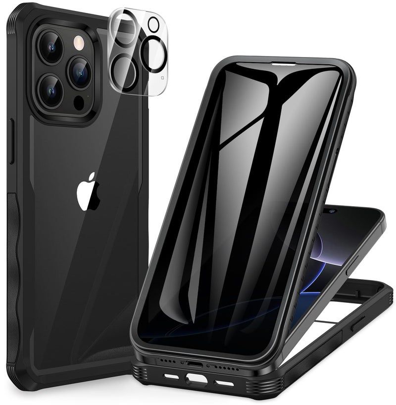 CENHUFO Privacy for iPhone 15 Pro Case, Full Body Phone Case with Built-in 9H Tempered Glass Privacy Screen Protector and Camera Lens Protector, Anti Peep Spy Shockproof Bumper Clear Cover - Black - Image 1