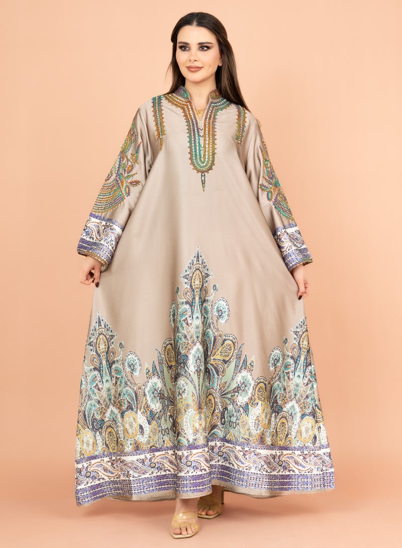 اكسا جلابية كرستال انيقة منقوشة IK1016 بني - Image 1