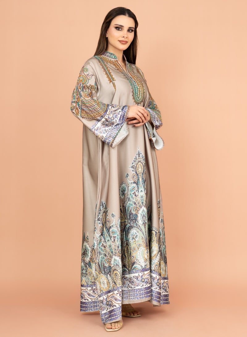 اكسا جلابية كرستال انيقة منقوشة IK1016 بني - Image 3