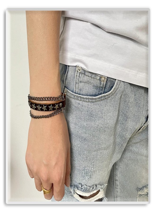 Xusamss Hip Hop Rivet Chain Leather Bracelet Alloy Star Cuff Bracelet,7.5inches - Image 2