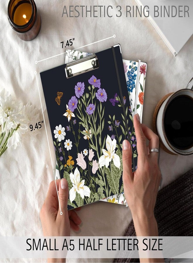 BVSSX Mini Binder 3 Ring 1 Inch for 5.5"x8.5" Paper, Cute Small Three Ring Binders with Clipboard, 5-Tab Dividers with Sticker, Spine ID Label Holder, A5 Binder with Pen Holder, Black Weeds - Image 2