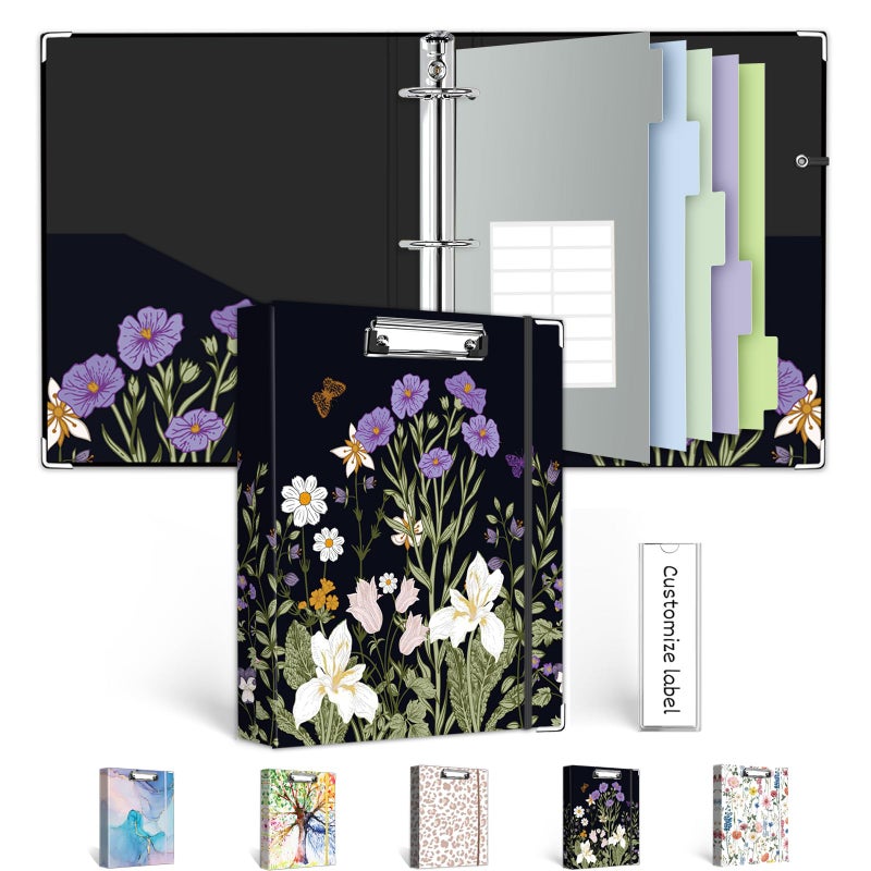 BVSSX Mini Binder 3 Ring 1 Inch for 5.5"x8.5" Paper, Cute Small Three Ring Binders with Clipboard, 5-Tab Dividers with Sticker, Spine ID Label Holder, A5 Binder with Pen Holder, Black Weeds - Image 1