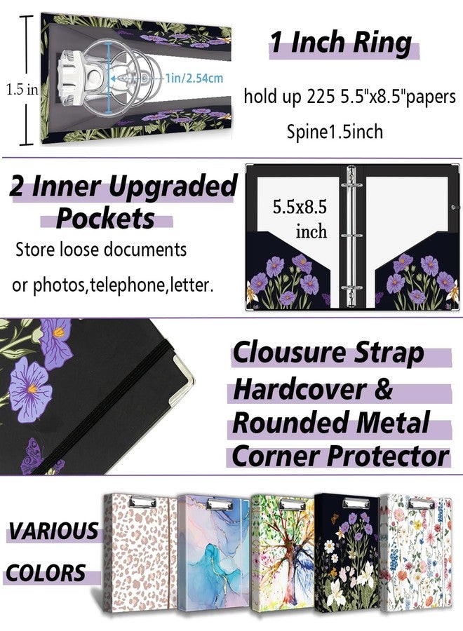 BVSSX Mini Binder 3 Ring 1 Inch for 5.5"x8.5" Paper, Cute Small Three Ring Binders with Clipboard, 5-Tab Dividers with Sticker, Spine ID Label Holder, A5 Binder with Pen Holder, Black Weeds - Image 5