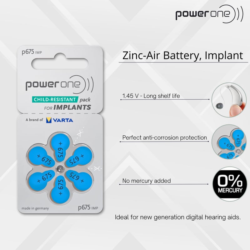 Power One 60 Mercury Free Hearing Aid Batteries Size: 675P Cochlear Implant by Power One - Image 2