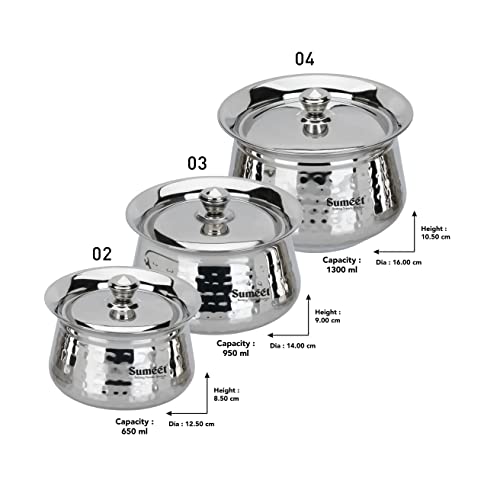 Sumeet Stainless Steel Handcrafted Hammered Texture Handi Set with Lid for Kitchen, Set of 3, 460ml, 650ml & 950ml, Silver - Image 4