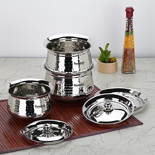 Sumeet Stainless Steel Handcrafted Hammered Texture Handi Set with Lid for Kitchen, Set of 3, 460ml, 650ml & 950ml, Silver - Image 5