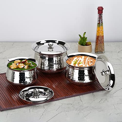 Sumeet Stainless Steel Handcrafted Hammered Texture Handi Set with Lid for Kitchen, Set of 3, 460ml, 650ml & 950ml, Silver - Image 2