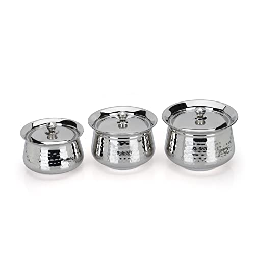 Sumeet Stainless Steel Handcrafted Hammered Texture Handi Set with Lid for Kitchen, Set of 3, 460ml, 650ml & 950ml, Silver - Image 1