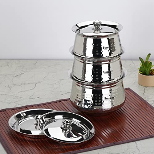 Sumeet Stainless Steel Handcrafted Hammered Texture Handi Set with Lid for Kitchen, Set of 3, 460ml, 650ml & 950ml, Silver - Image 3
