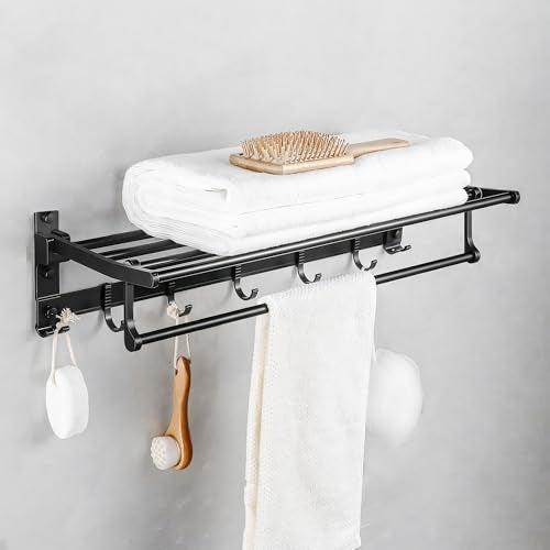 MIORAH 24 Inch Foldable Aluminum Towel Rack for Bathroom – Wall Mounted Double - Tier Towel Holder with Rod & Hooks | Rustproof Black - Image 1