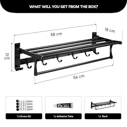 MIORAH 24 Inch Foldable Aluminum Towel Rack for Bathroom – Wall Mounted Double - Tier Towel Holder with Rod & Hooks | Rustproof Black - Image 2