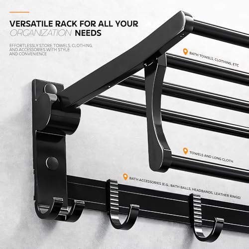 MIORAH 24 Inch Foldable Aluminum Towel Rack for Bathroom – Wall Mounted Double - Tier Towel Holder with Rod & Hooks | Rustproof Black - Image 3